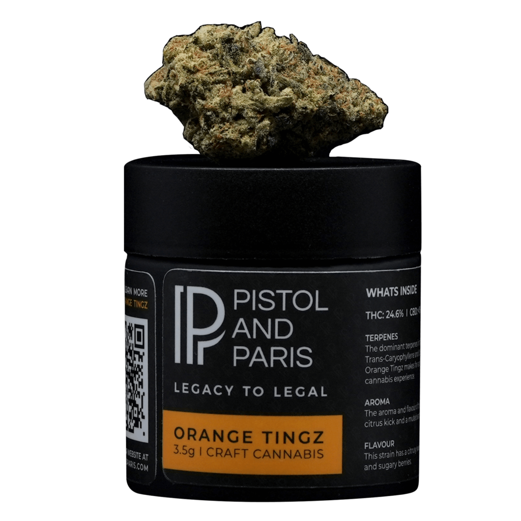 pistol and paris orange tingz cannabis with black container