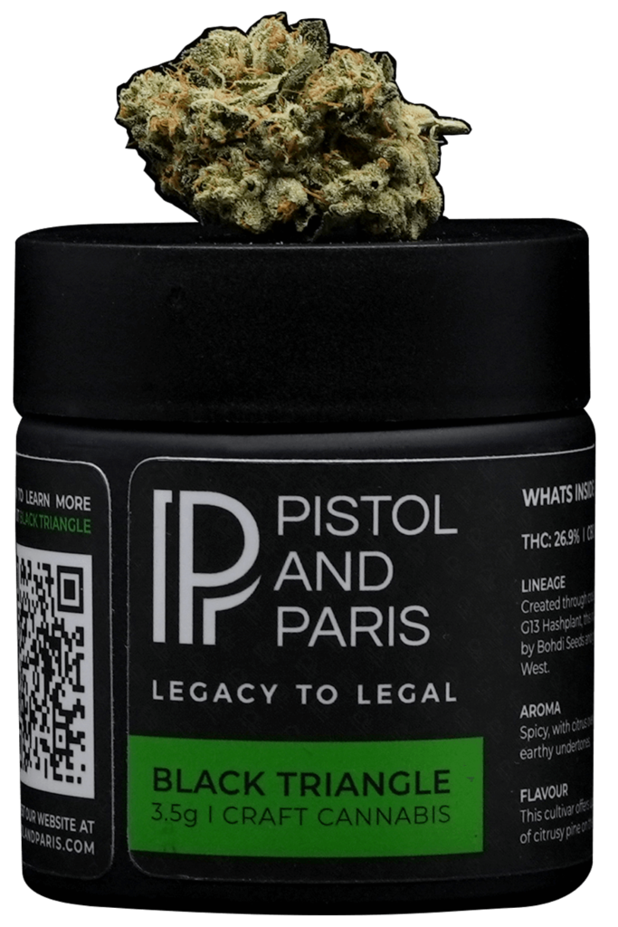 pistol and paris black triangle cannabis with black container