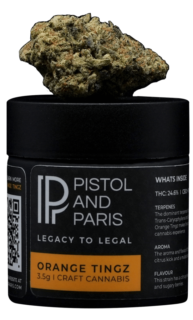pistol and paris orange tingz cannabis with black container