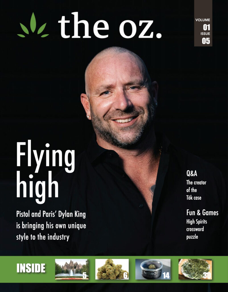 the oz magazine cover with Dylan King photo who is founder of Pistol and Paris Cannabis brand Vancouver